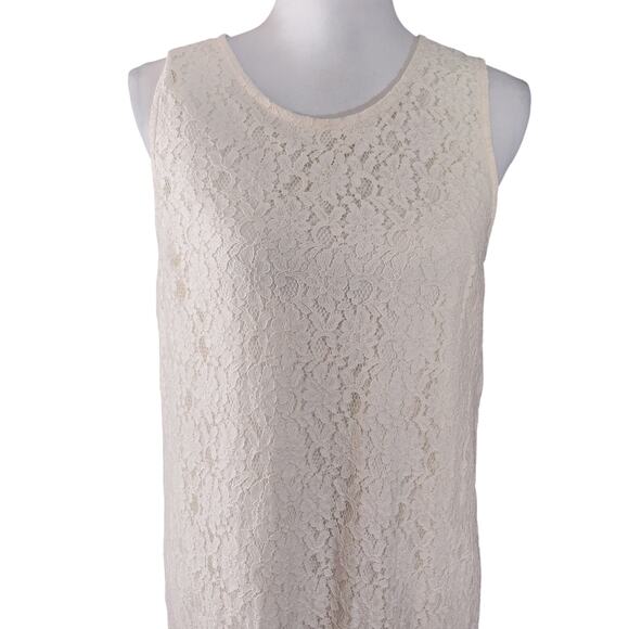 MONTEAU LOS ANGELES! CREAM STRETCH LACE OVER CREAM SHEATH SLEEVELESS DRESS! SZ L - Picture 3 of 10